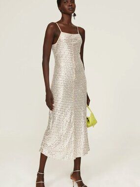 RHODE Platinum Jemima Maxi Dress in Silver Sequin White Midi Gown 14